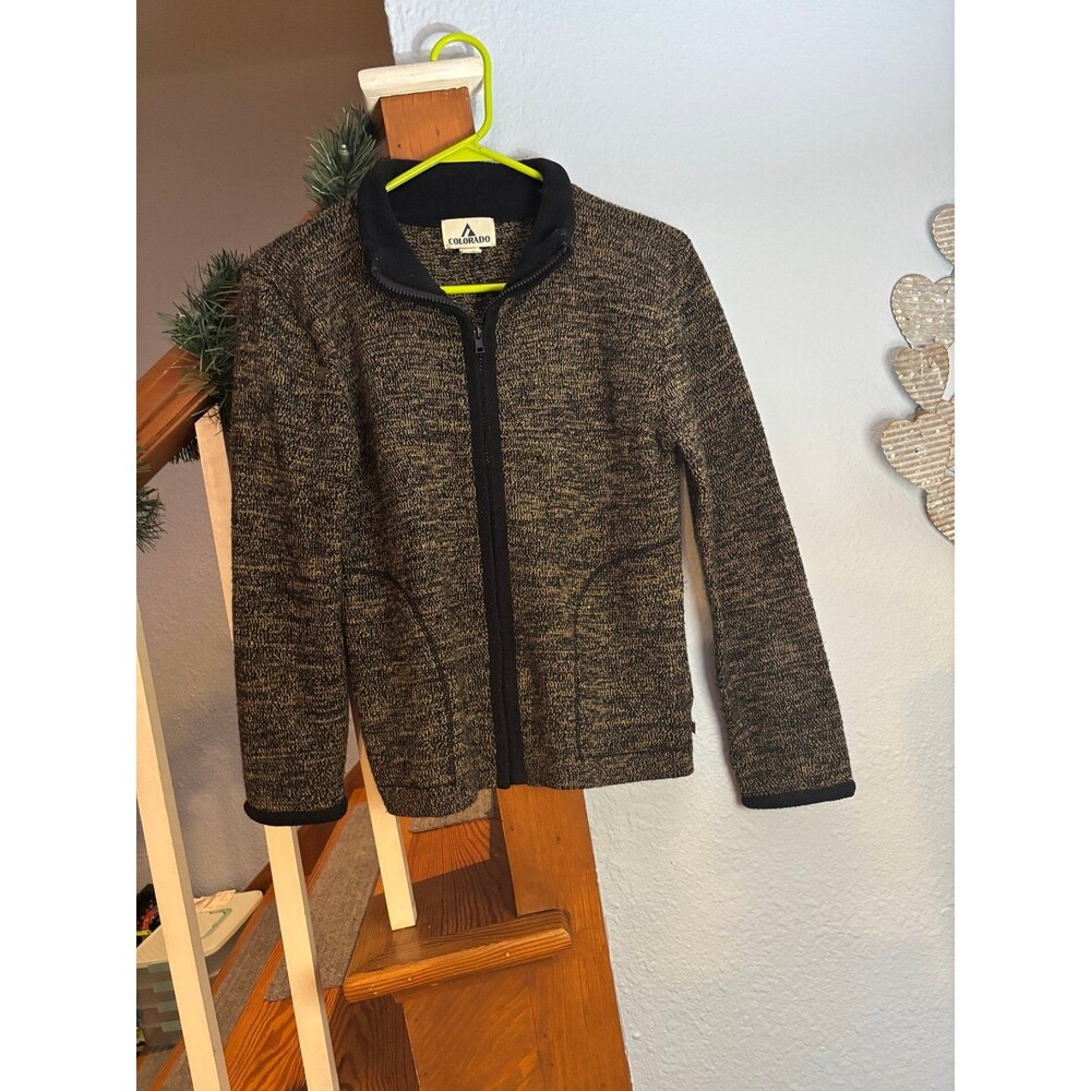 Colorado wool blend marled black gold tan yellow zip cardigan sweater M hiking